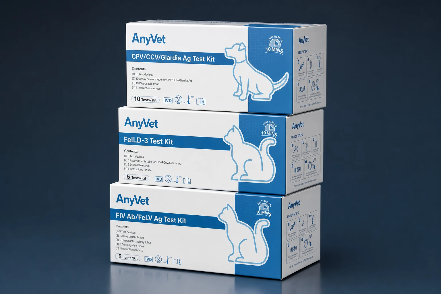 AnyVet CPV·CCV·Giardia, FeLID-3, FIV·FeLV 신속진단키트 3종